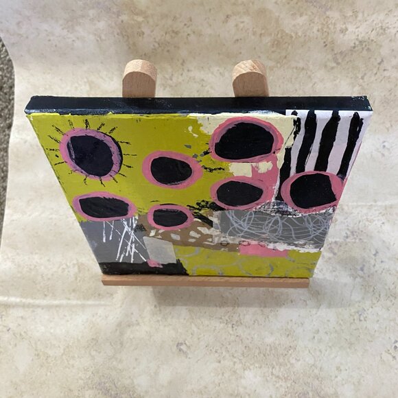 Mini Canvas 8x8 Original Acrylic Art with easel Abstract and collage handmade - Picture 2 of 5